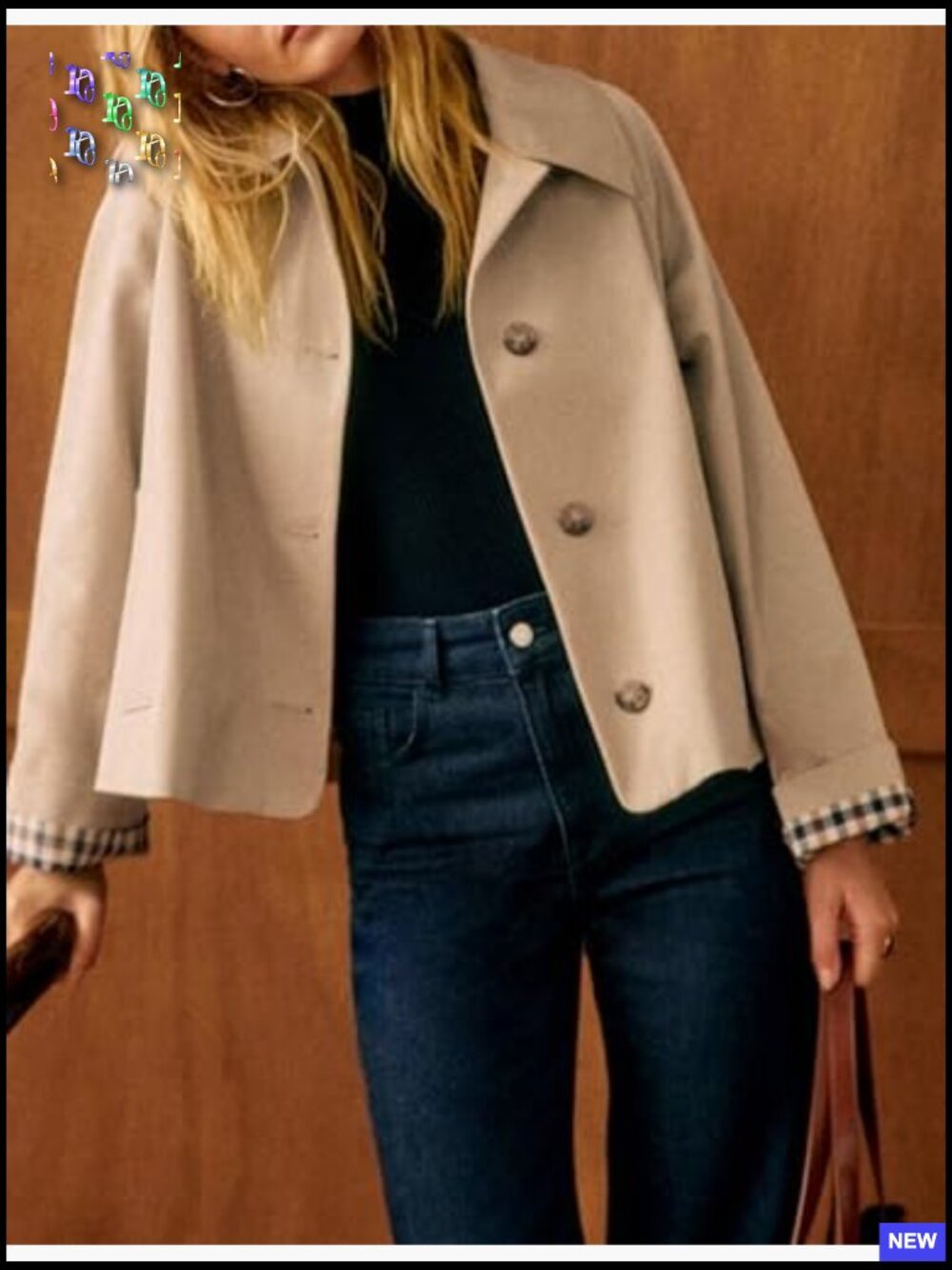 Oversize Trench Coat Plaid Lining Lapel Button Down Casual Crop Jacket with - Picture 2 of 7